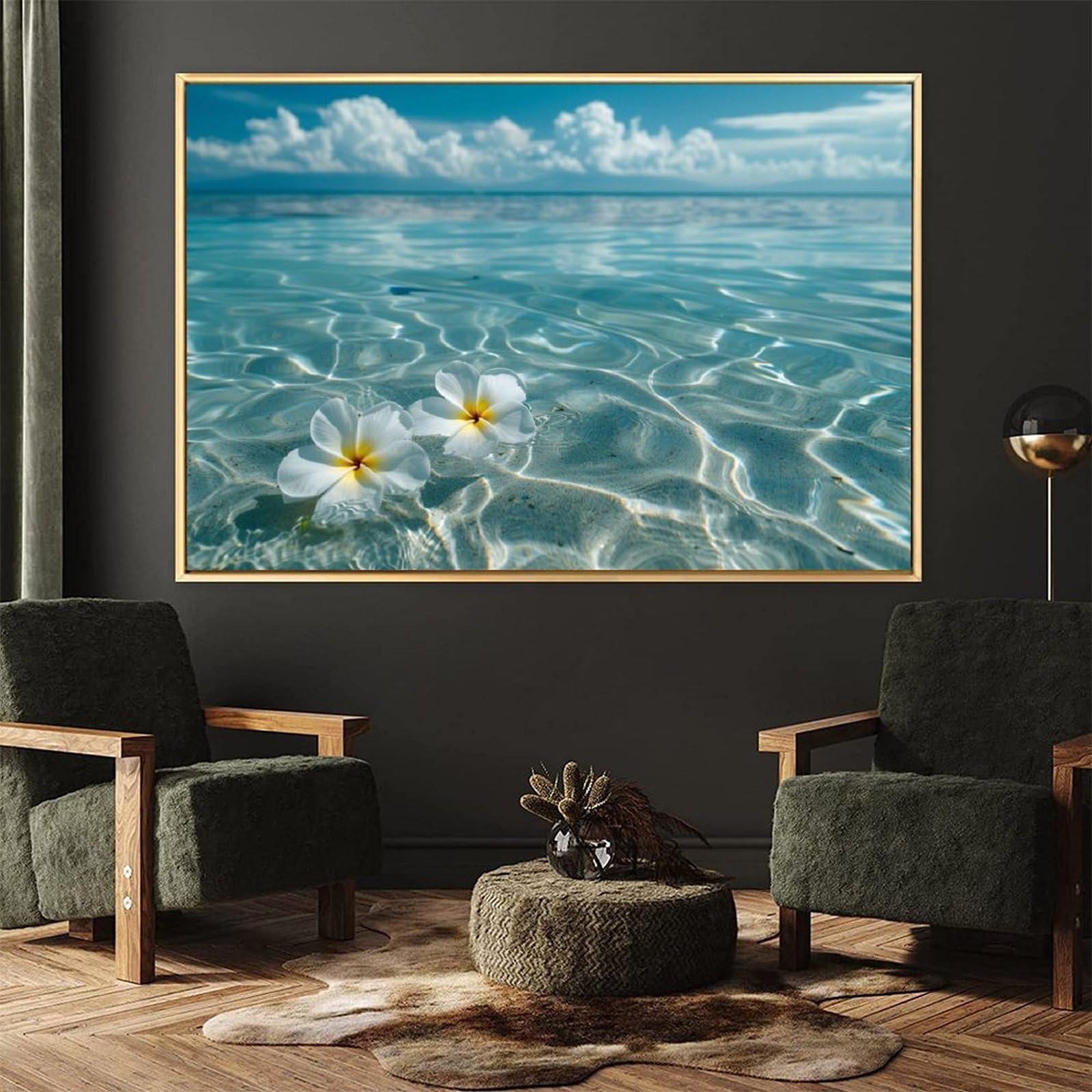 Amazon.co.jp: 絵画 澄んだ水の上に 2 つのプルメリアの花 アート